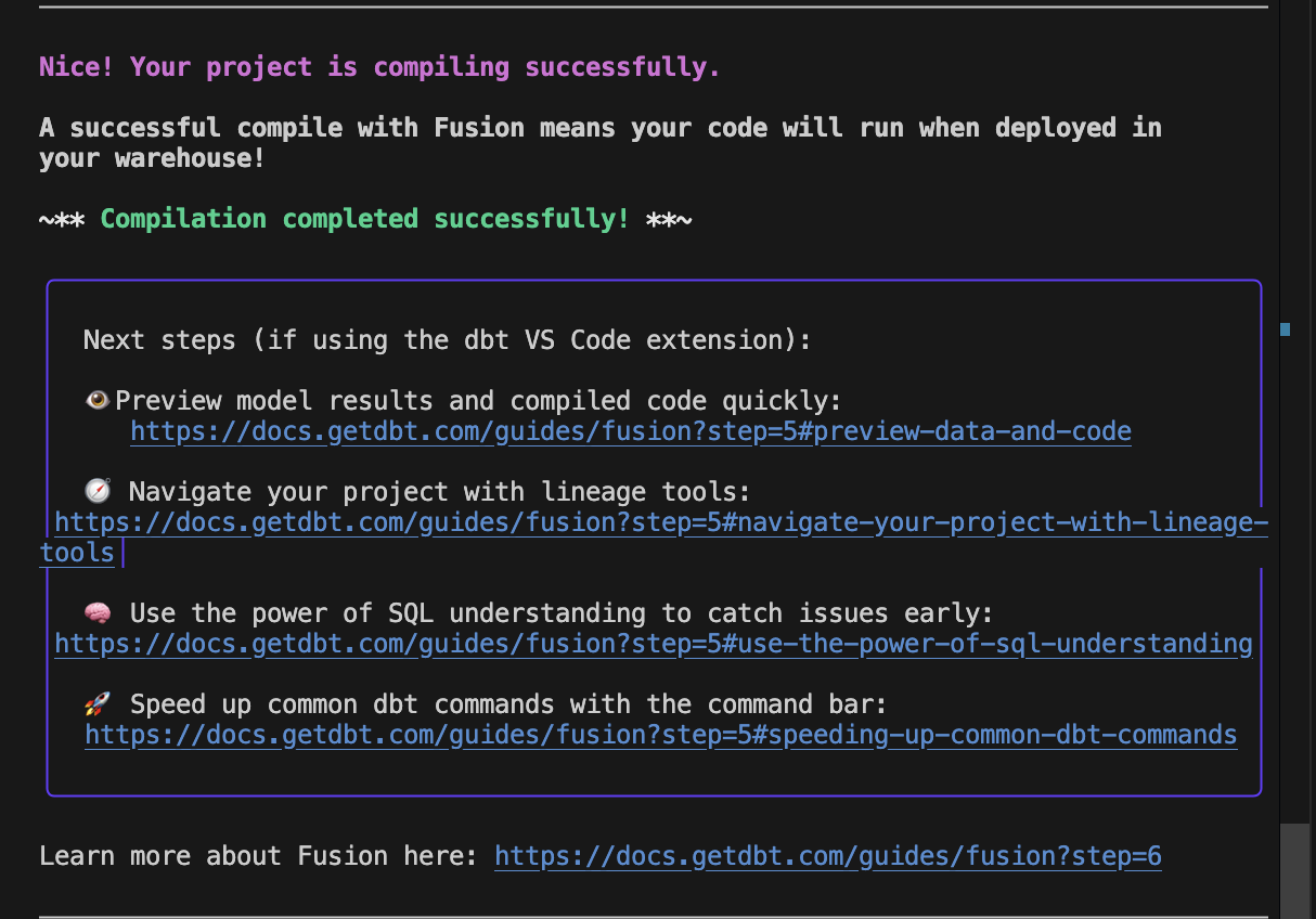 The message received when you have completed upgrading your project to the dbt Fusion engine.